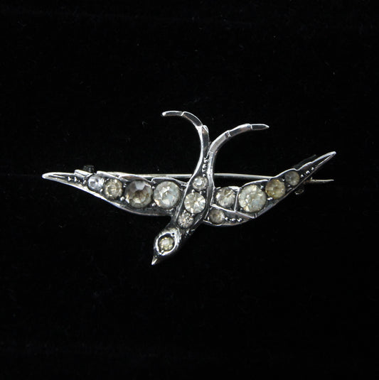 Antique Victorian Hallmarked Solid Silver Swallow Bird Glass Paste Sweetheart Brooch