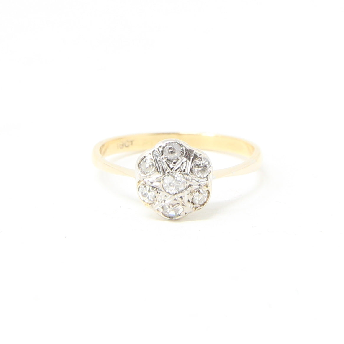 Antique Edwardian Hallmarked Solid 18ct 18k Gold Old Cut Diamond Star Daisy Ring Size Q