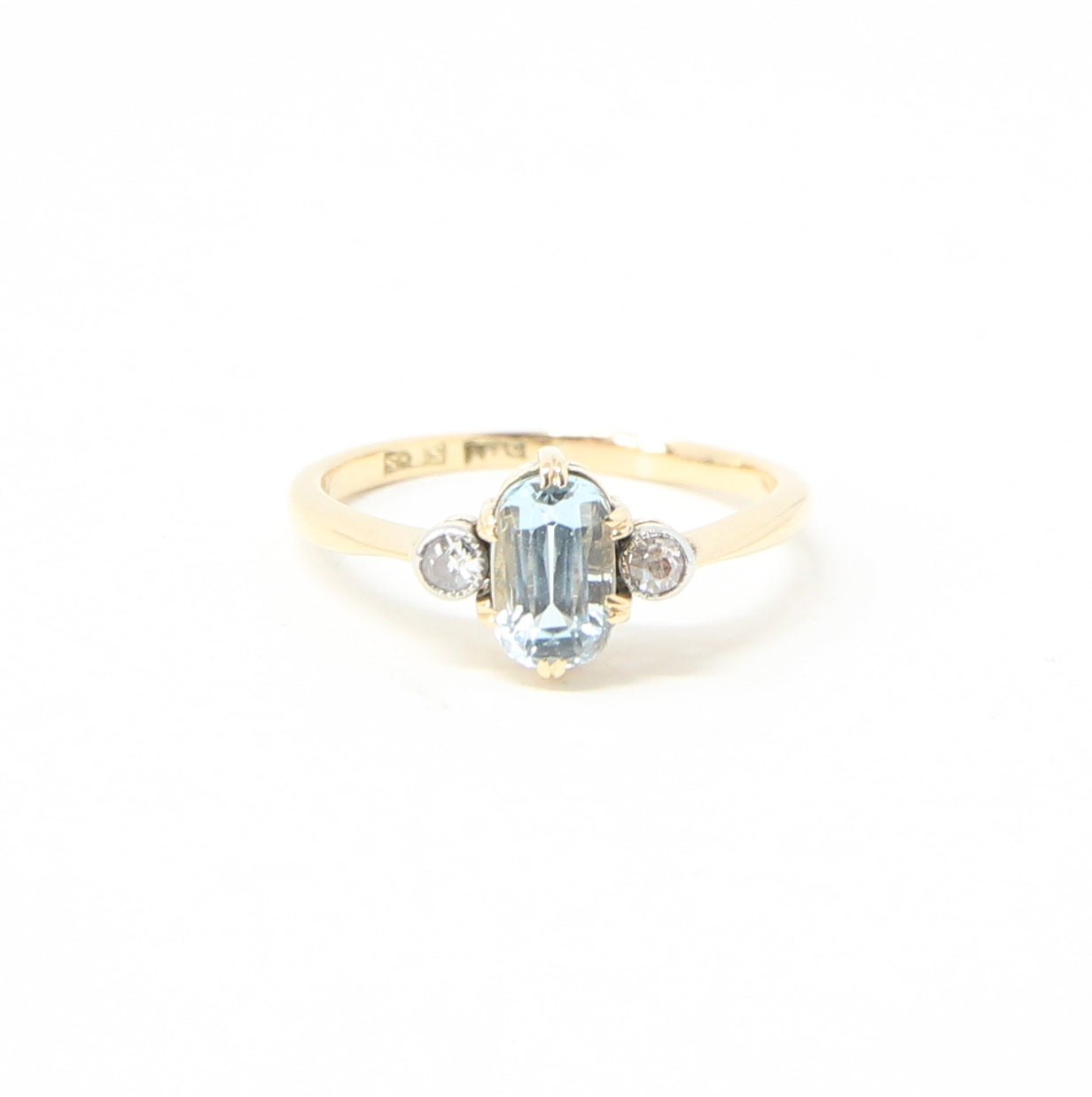 Antique Edwardian Hallmarked Solid 18ct 18k Gold Aquamarine Diamond Trilogy Ring Size Q