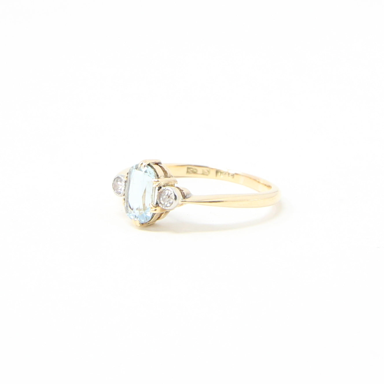 Antique Edwardian Hallmarked Solid 18ct 18k Gold Aquamarine Diamond Trilogy Ring Size Q