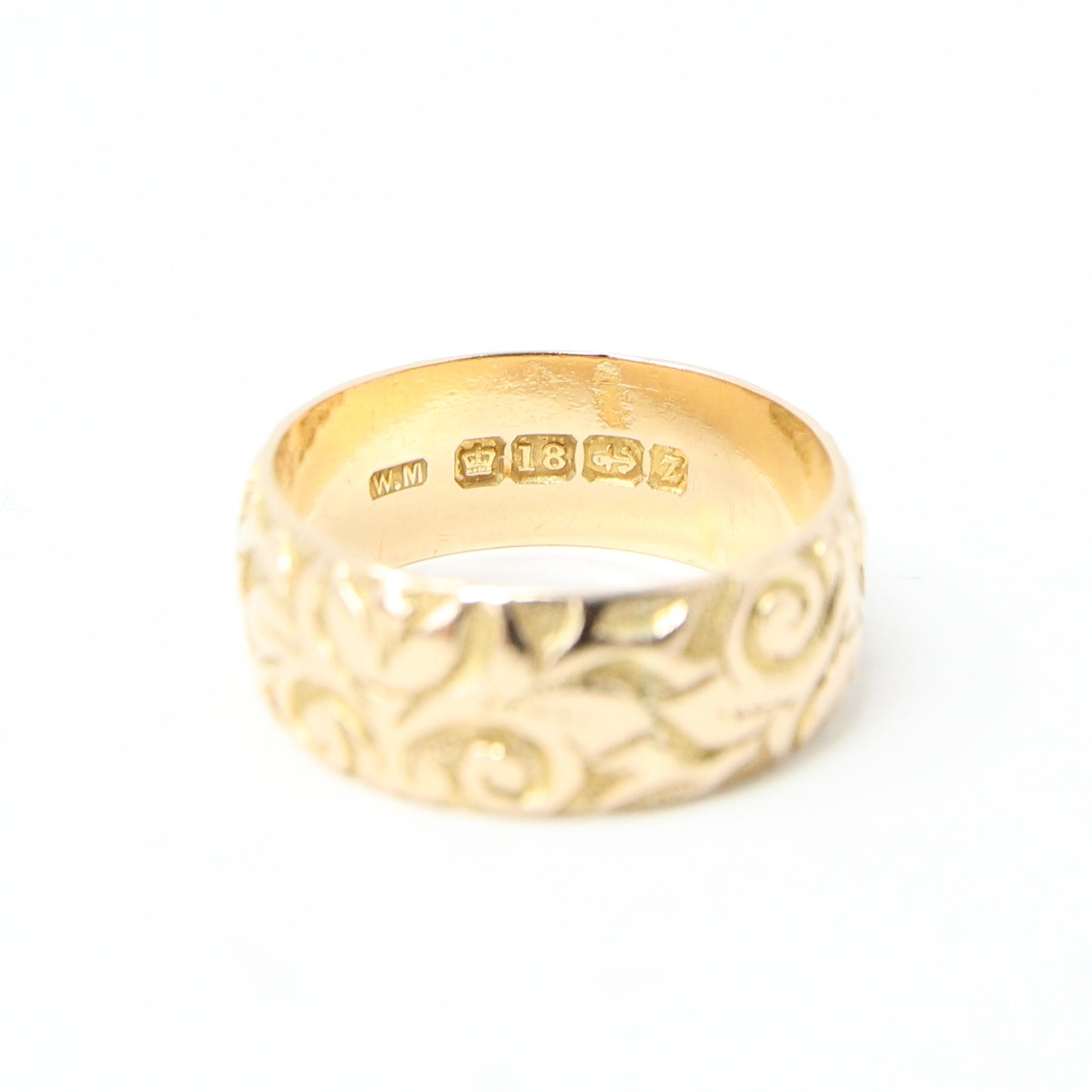 Antique 1899 Hallmarked Solid 18ct 18k Gold Tulip Floral Engraved Wedding Ring Band Size Q