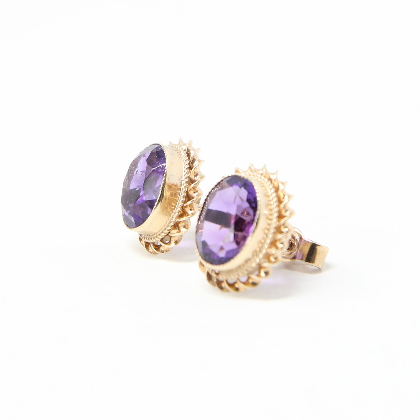 Vintage 1975 Hallmarked Solid 9ct 9k Gold Amethyst Solitaire Stud Earrings