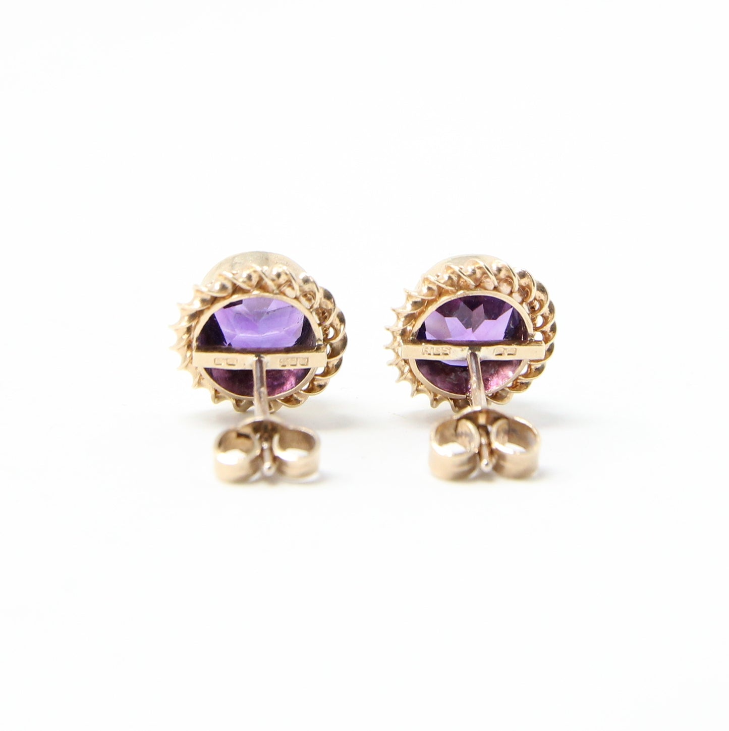 Vintage 1975 Hallmarked Solid 9ct 9k Gold Amethyst Solitaire Stud Earrings
