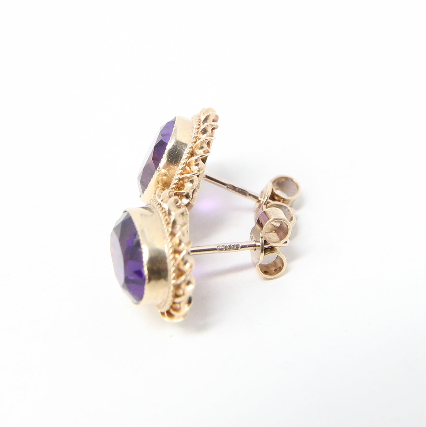 Vintage 1975 Hallmarked Solid 9ct 9k Gold Amethyst Solitaire Stud Earrings