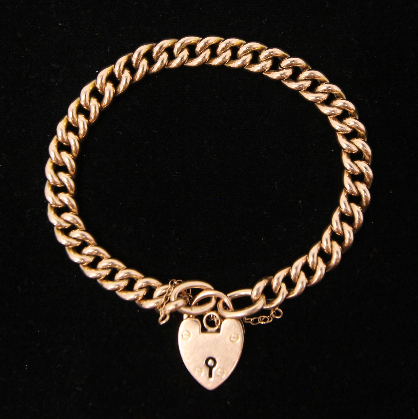 Antique Edwardian 1902 Hallmarked Solid 9ct 9k Gold Curb Chain Bracelet Heart Padlock 7.5''