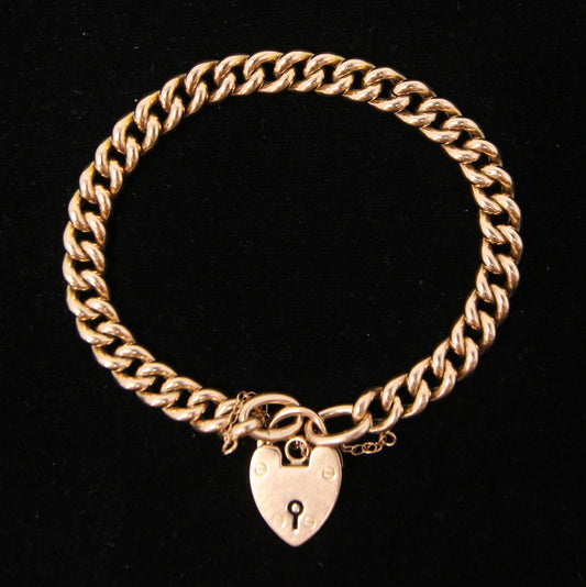 Antique Edwardian 1902 Hallmarked Solid 9ct 9k Gold Curb Chain Bracelet Heart Padlock 7.5''