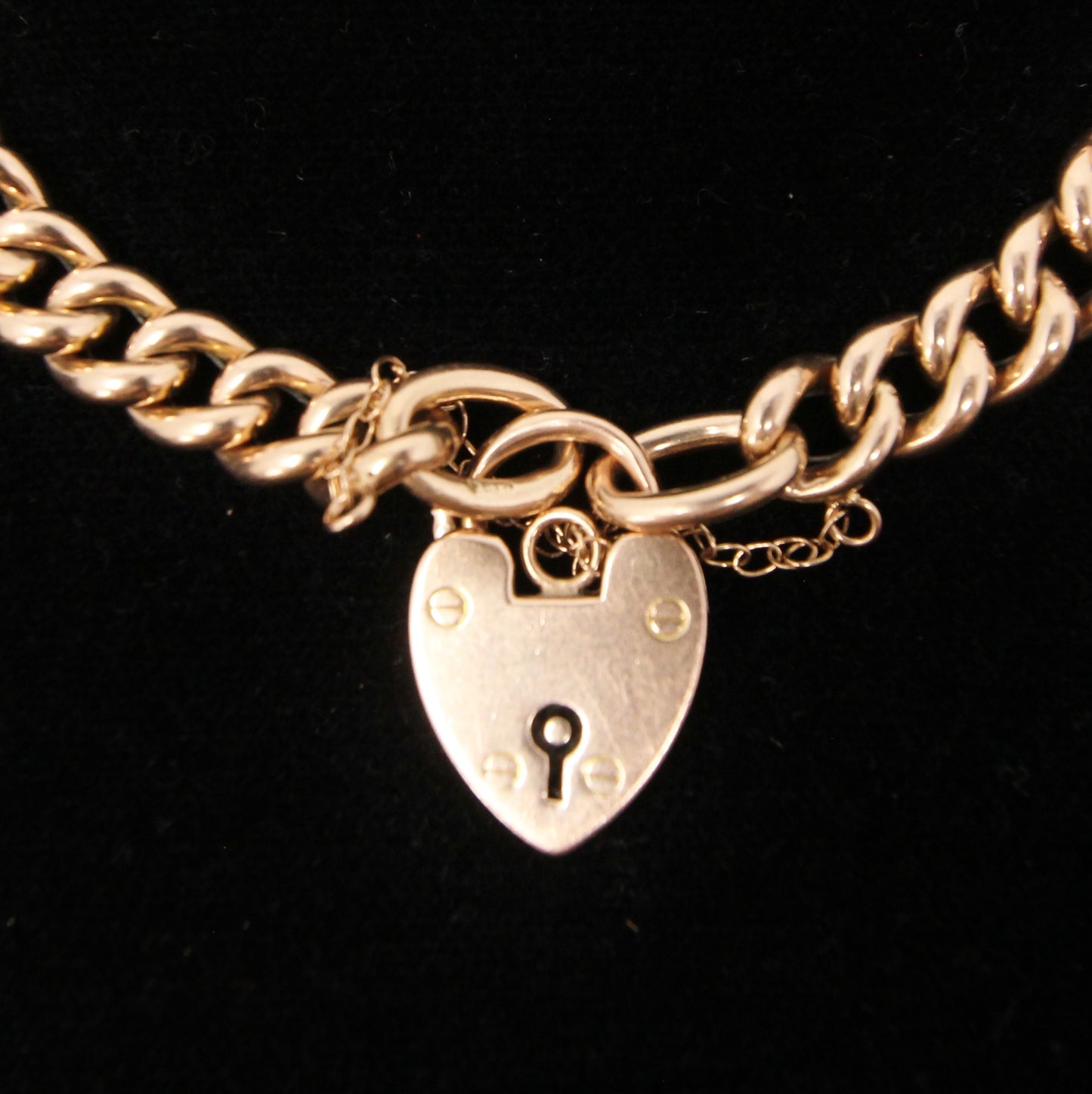Antique Edwardian 1902 Hallmarked Solid 9ct 9k Gold Curb Chain Bracelet Heart Padlock 7.5''