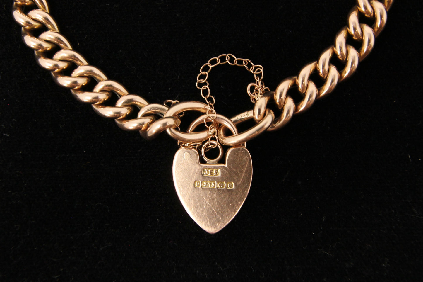 Antique Edwardian 1902 Hallmarked Solid 9ct 9k Gold Curb Chain Bracelet Heart Padlock 7.5''