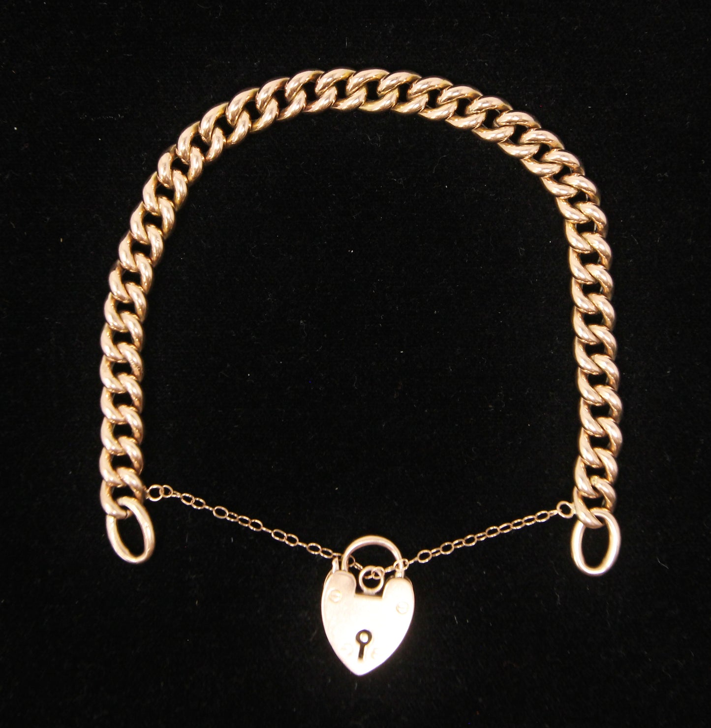 Antique Edwardian 1902 Hallmarked Solid 9ct 9k Gold Curb Chain Bracelet Heart Padlock 7.5''