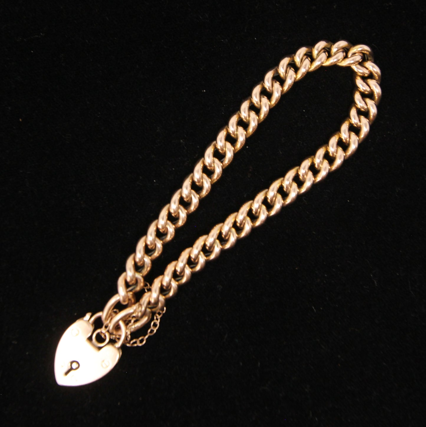 Antique Edwardian 1902 Hallmarked Solid 9ct 9k Gold Curb Chain Bracelet Heart Padlock 7.5''