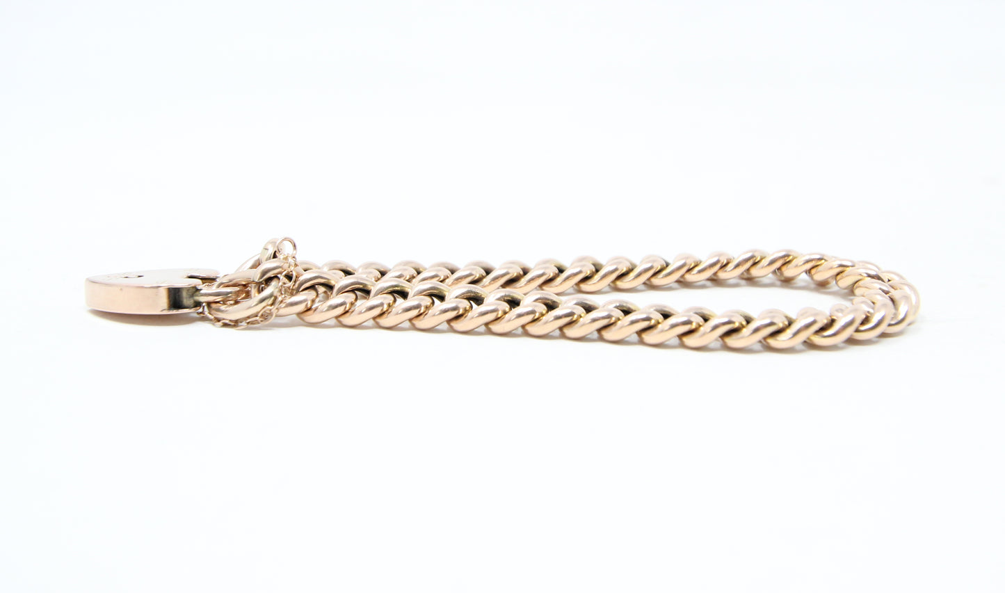 Antique Edwardian 1902 Hallmarked Solid 9ct 9k Gold Curb Chain Bracelet Heart Padlock 7.5''