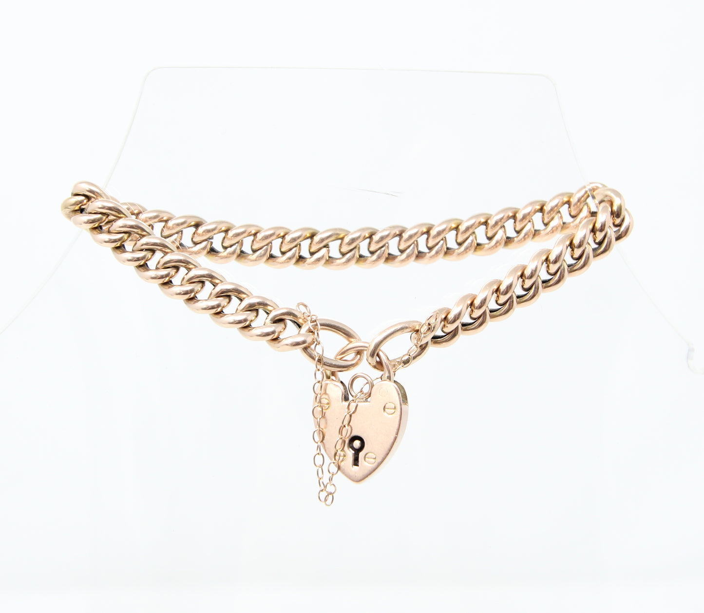 Antique Edwardian 1902 Hallmarked Solid 9ct 9k Gold Curb Chain Bracelet Heart Padlock 7.5''
