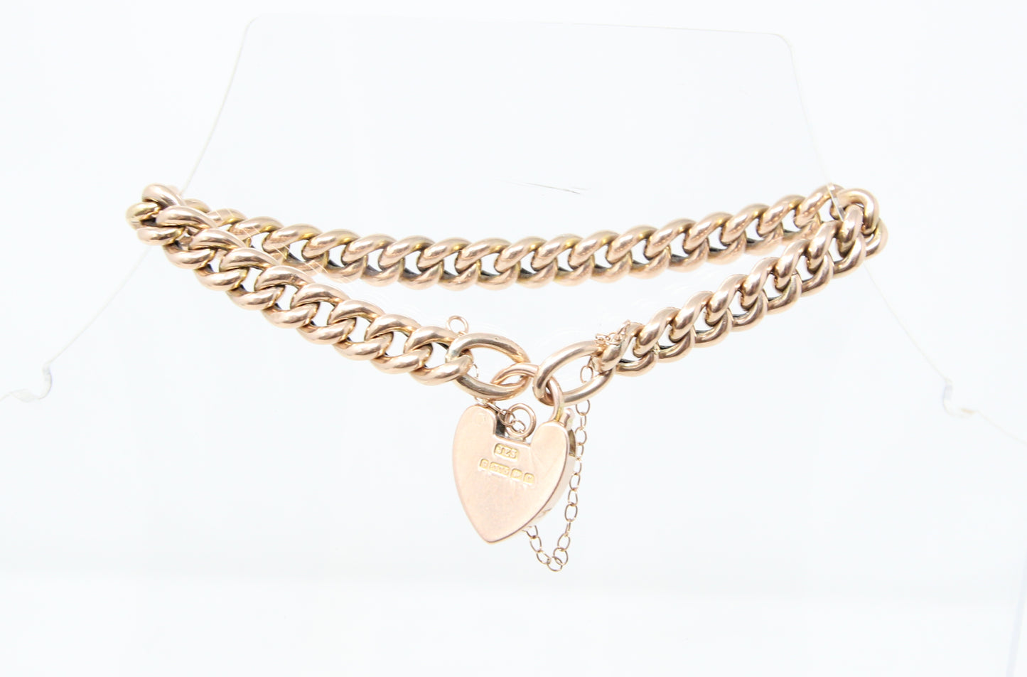 Antique Edwardian 1902 Hallmarked Solid 9ct 9k Gold Curb Chain Bracelet Heart Padlock 7.5''