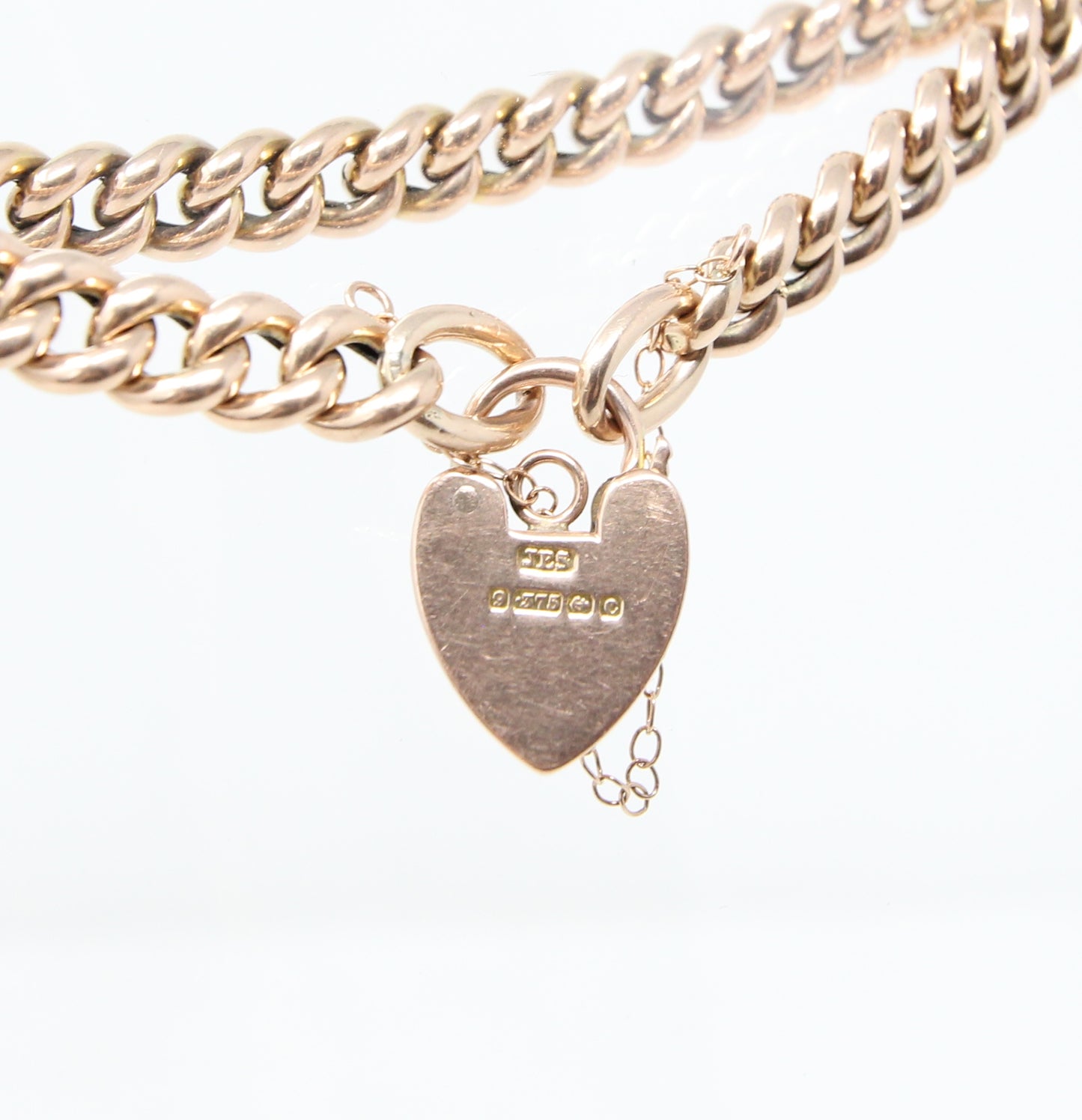 Antique Edwardian 1902 Hallmarked Solid 9ct 9k Gold Curb Chain Bracelet Heart Padlock 7.5''