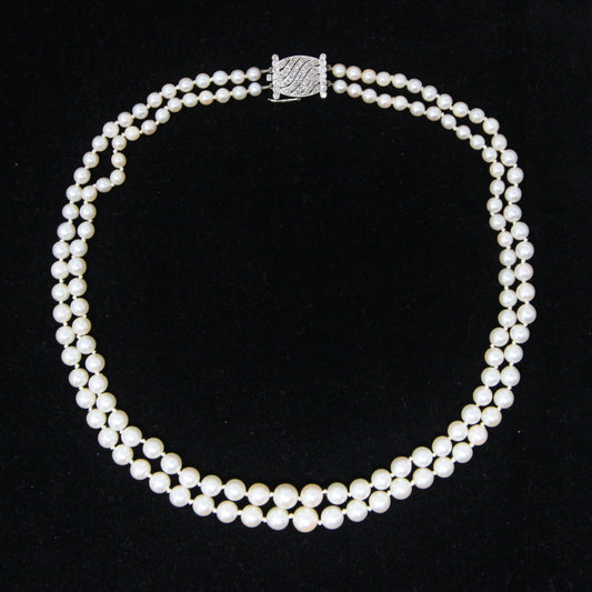 Antique Victorian Solid 18ct 18k White Gold Diamond Clasp Cultured Pearl Necklace 17.5''