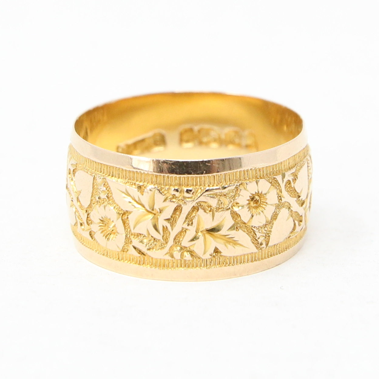 Antique Edwardian 1908 Hallmarked Solid 18ct 18k Gold Floral Ivy Band Ring Size O N Wedding