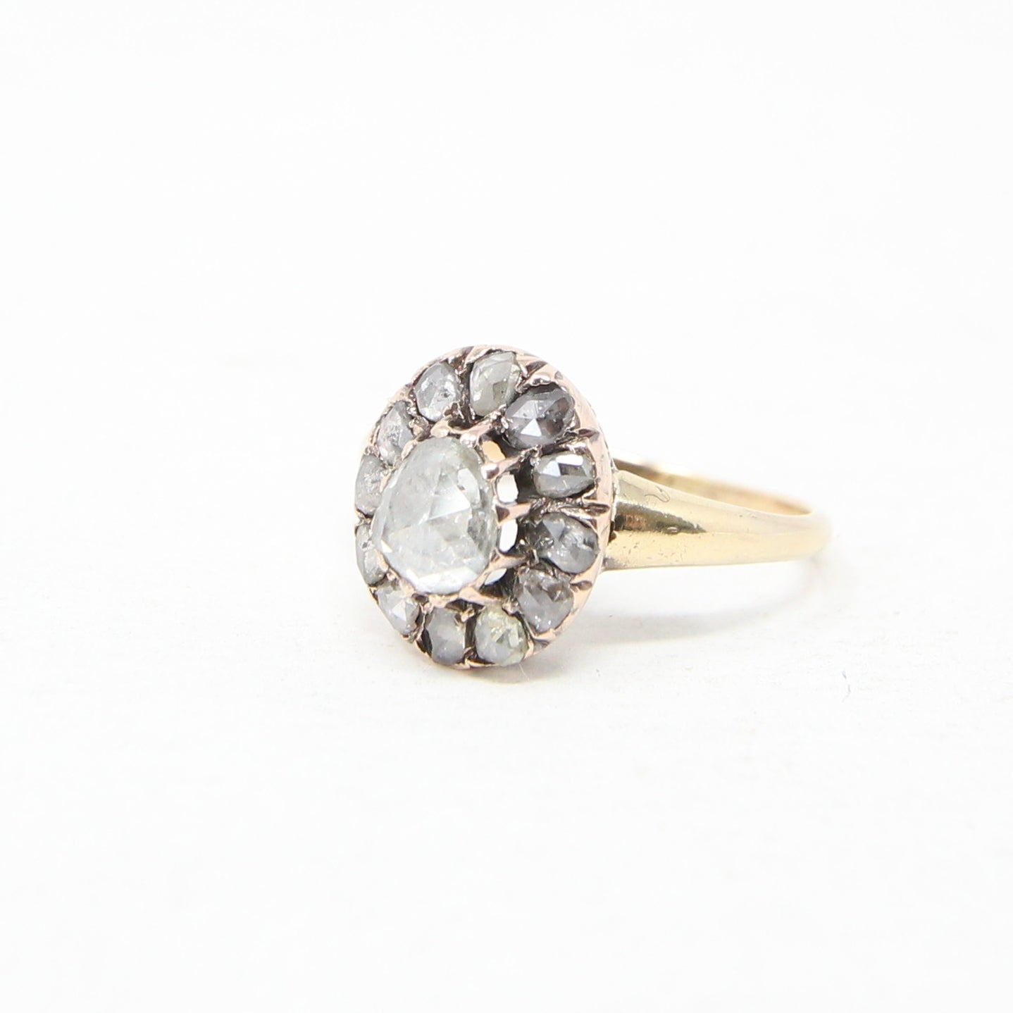 Antique Victorian Solid 18ct 18k Gold 0.7Ct Old Rose Cut Diamond Daisy Cluster Ring Size K