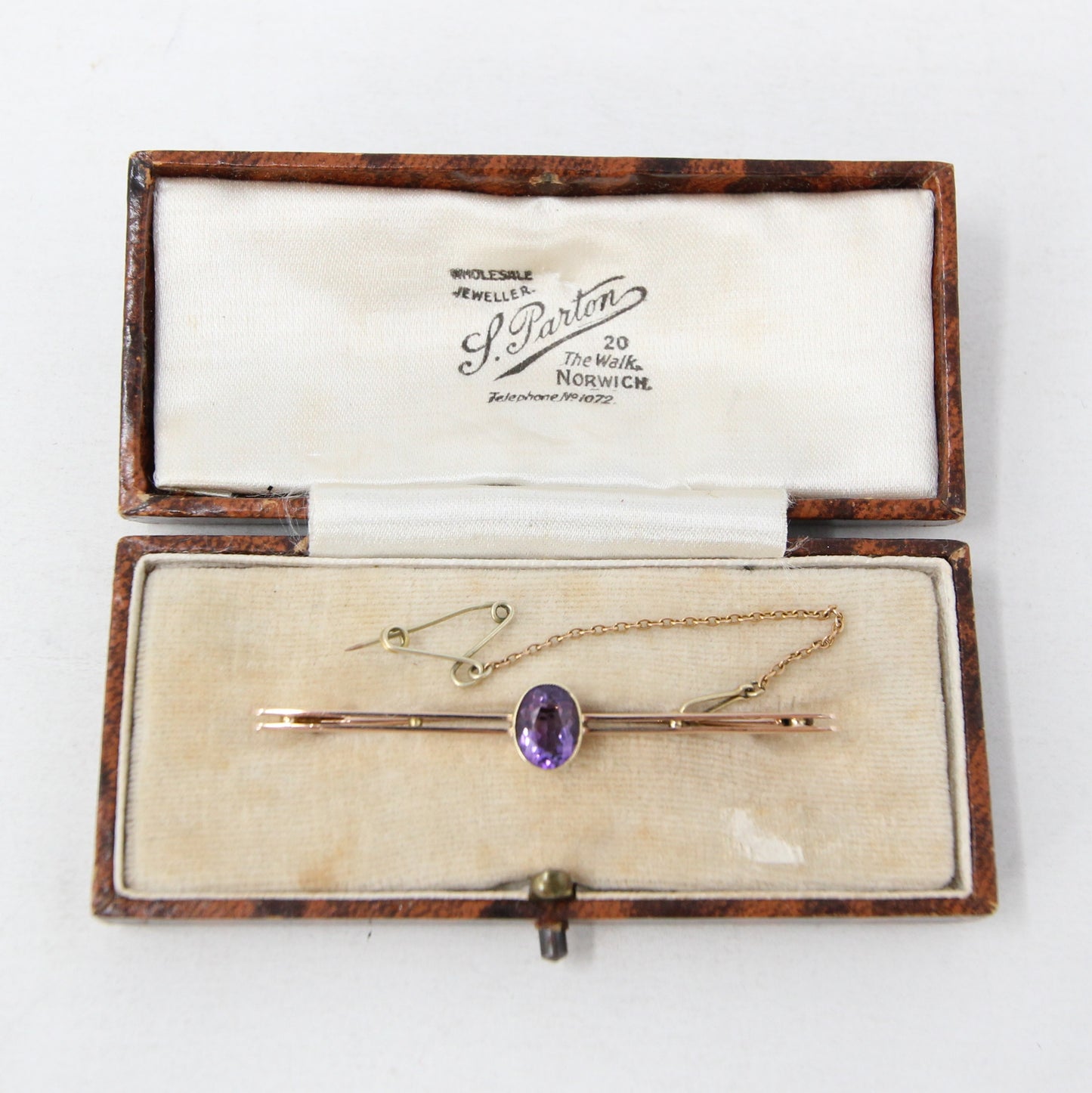 Antique Edwardian Hallmarked Solid 15ct 15k Gold Amethyst Bezel Bar Brooch Safety Pin 18ct 18k