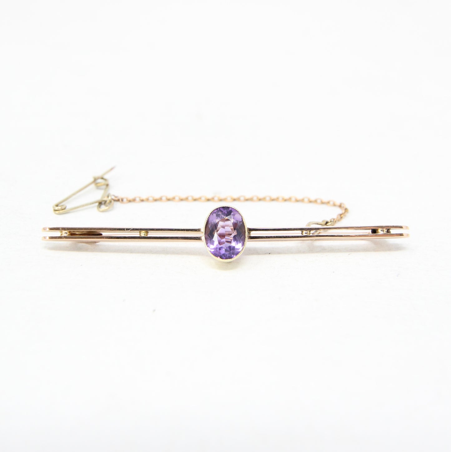 Antique Edwardian Hallmarked Solid 15ct 15k Gold Amethyst Bezel Bar Brooch Safety Pin 18ct 18k