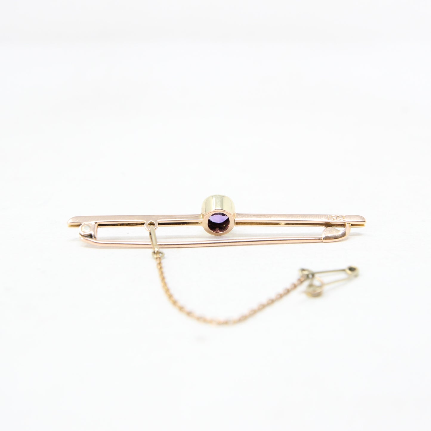 Antique Edwardian Hallmarked Solid 15ct 15k Gold Amethyst Bezel Bar Brooch Safety Pin 18ct 18k