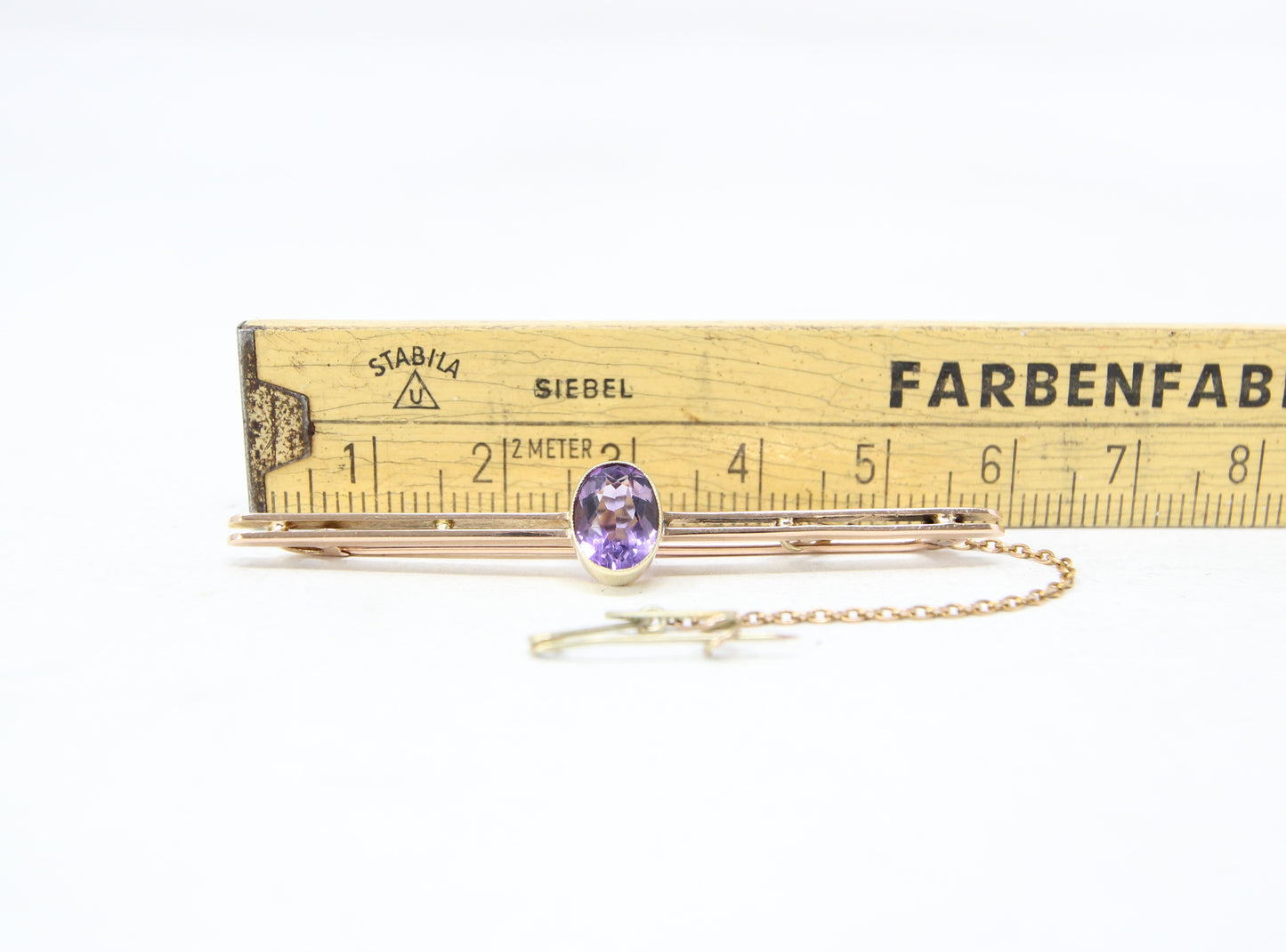 Antique Edwardian Hallmarked Solid 15ct 15k Gold Amethyst Bezel Bar Brooch Safety Pin 18ct 18k