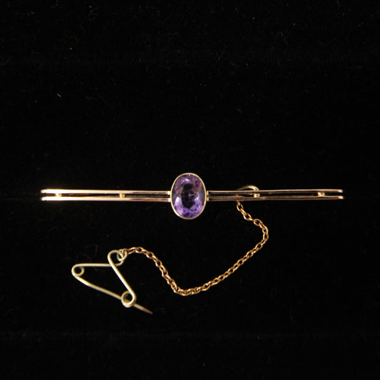 Antique Edwardian Hallmarked Solid 15ct 15k Gold Amethyst Bezel Bar Brooch Safety Pin 18ct 18k