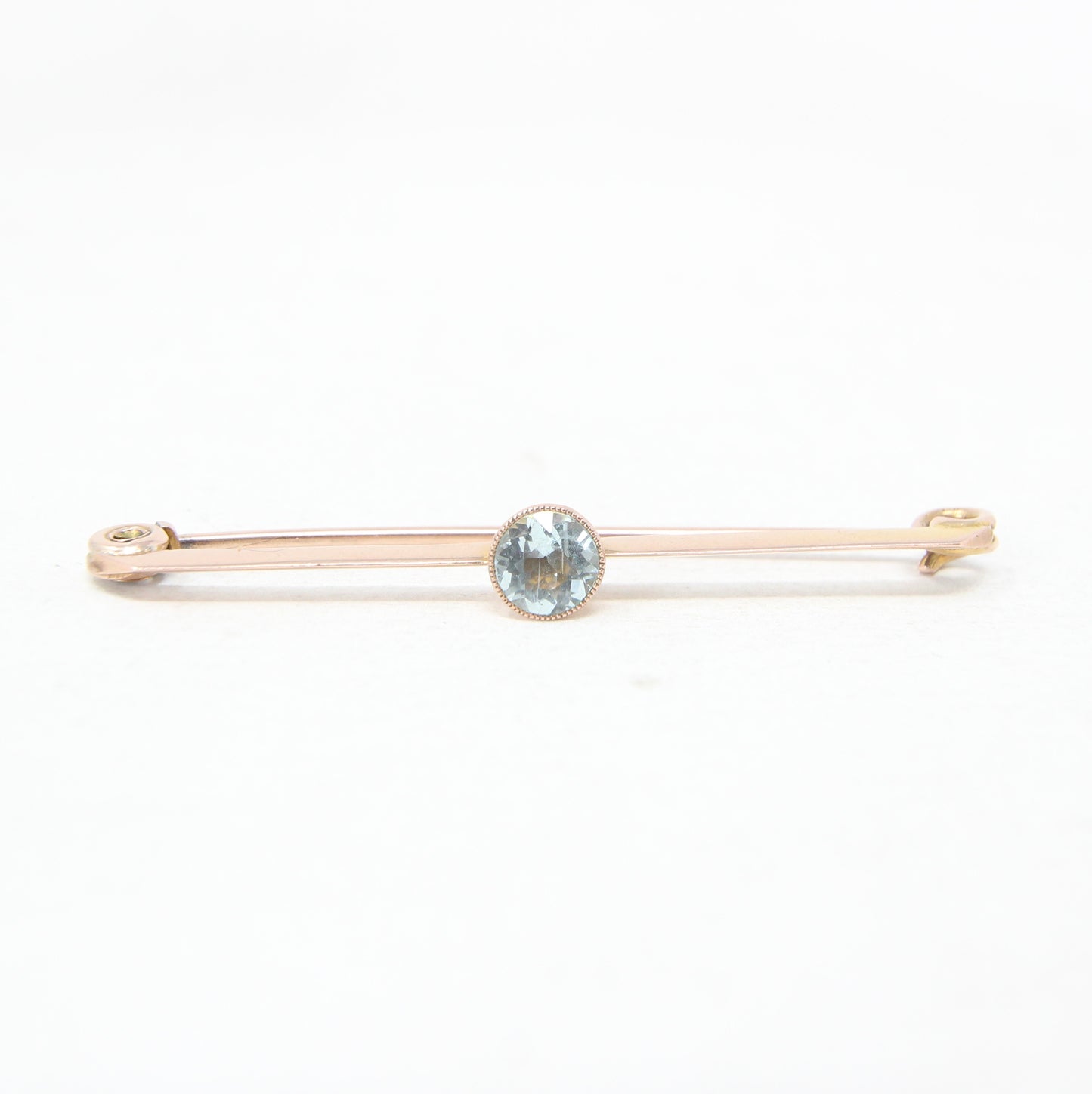 Antique Edwardian Hallmarked Solid 9ct 9k Gold Aquamarine Bezel Bar Brooch Safety Pin