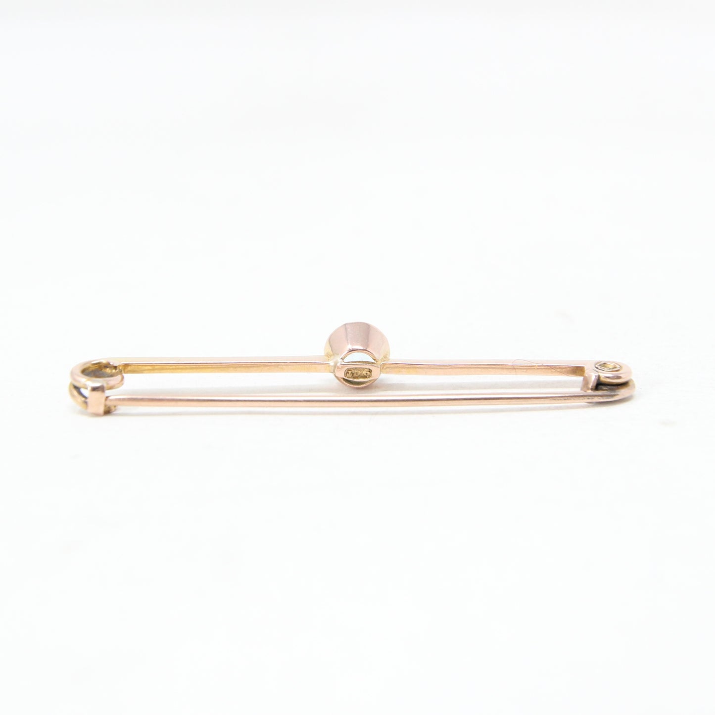 Antique Edwardian Hallmarked Solid 9ct 9k Gold Aquamarine Bezel Bar Brooch Safety Pin