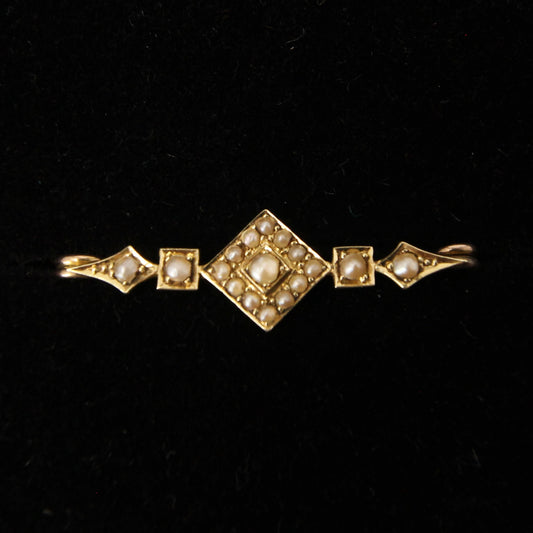 Antique Victorian Solid 9ct 9k Gold Seed Pearl Bar Gypsy Brooch Safety Pin