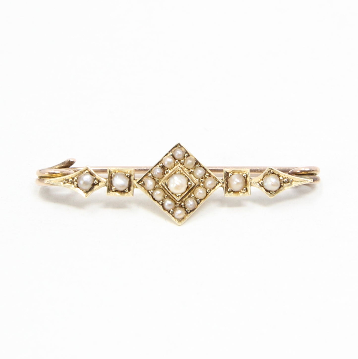 Antique Victorian Solid 9ct 9k Gold Seed Pearl Bar Gypsy Brooch Safety Pin