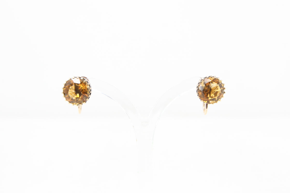 Antique Victorian Hallmarked Solid 9ct 9k Gold 4Ct Citrine Solitaire Screw Back Earrings