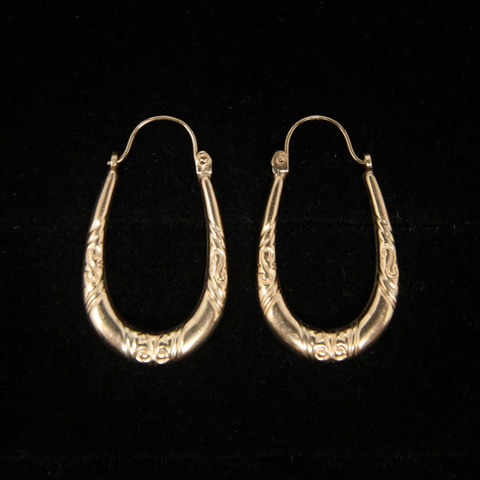 Vintage 1990's Hallmarked Solid 9ct 9k Gold Oval Creole Hoop Earrings Hoops