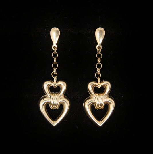 Vintage 1994 Hallmarked Solid 9ct 9k Gold Large Heart Chain Drop Stud Earrings 2.6g