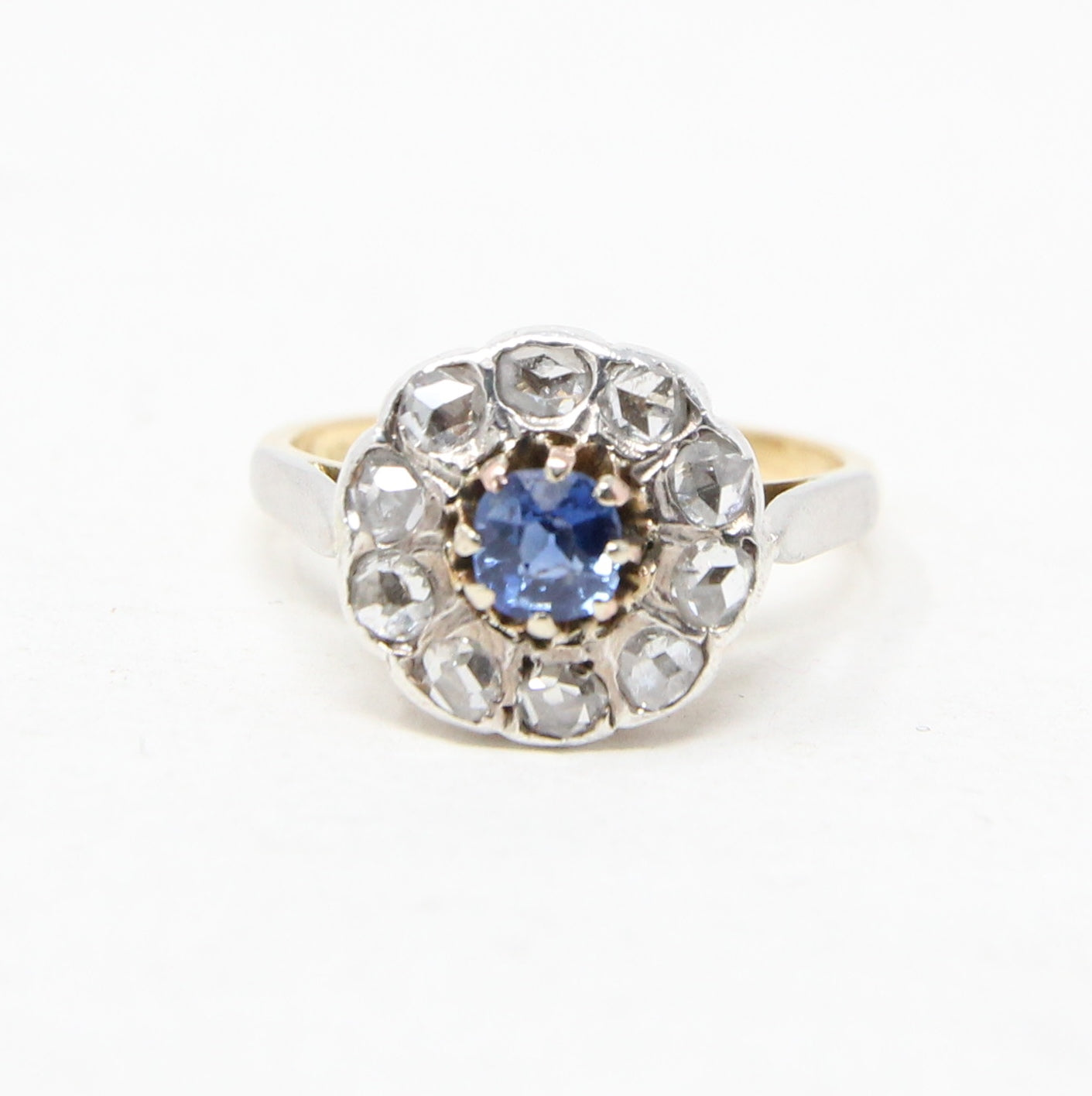 Antique Edwardian Solid 18ct 18k Gold Ceylon Sapphire Rose Cut Diamond Daisy Flower Ring Size L