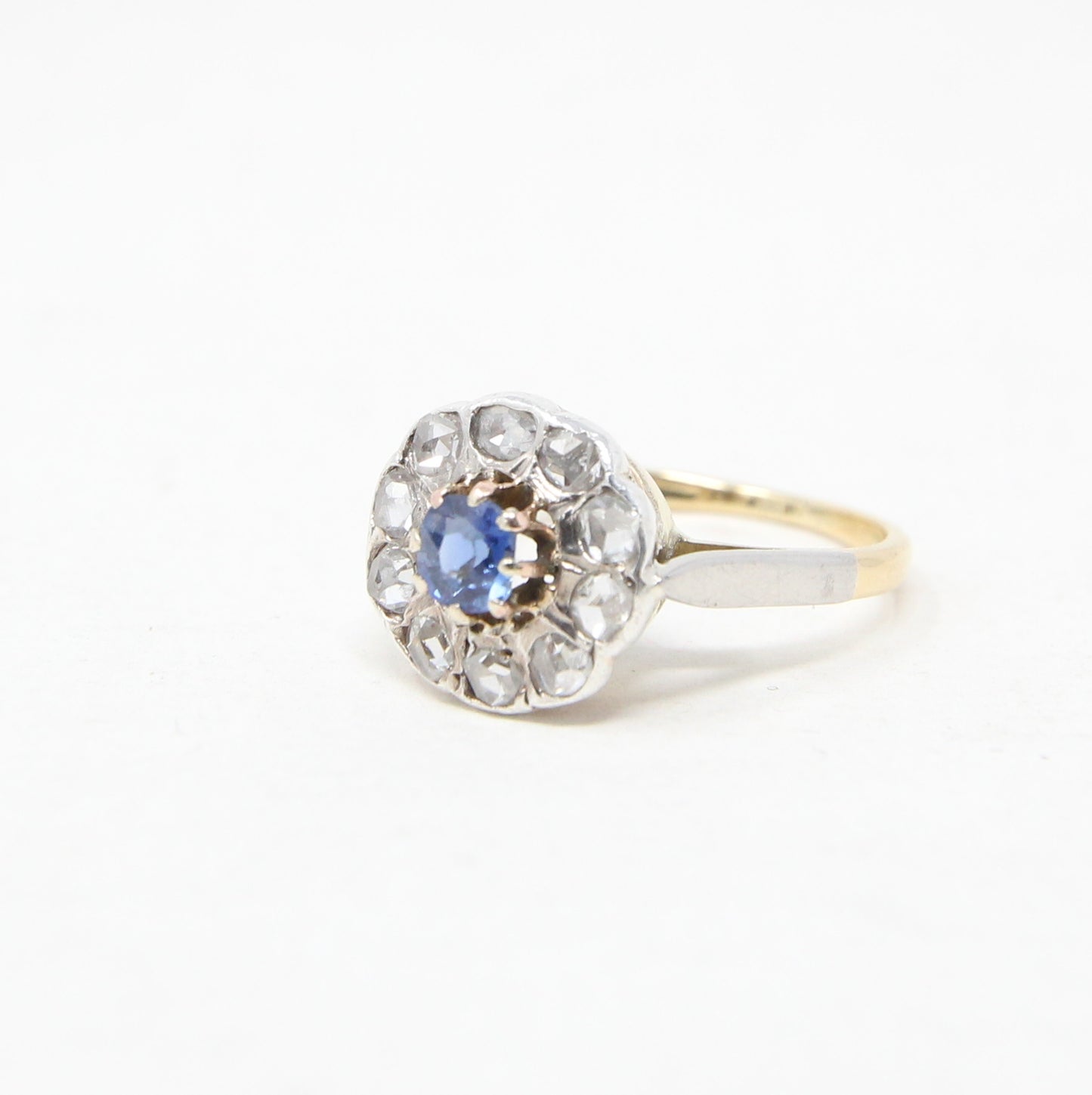 Antique Edwardian Solid 18ct 18k Gold Ceylon Sapphire Rose Cut Diamond Daisy Flower Ring Size L