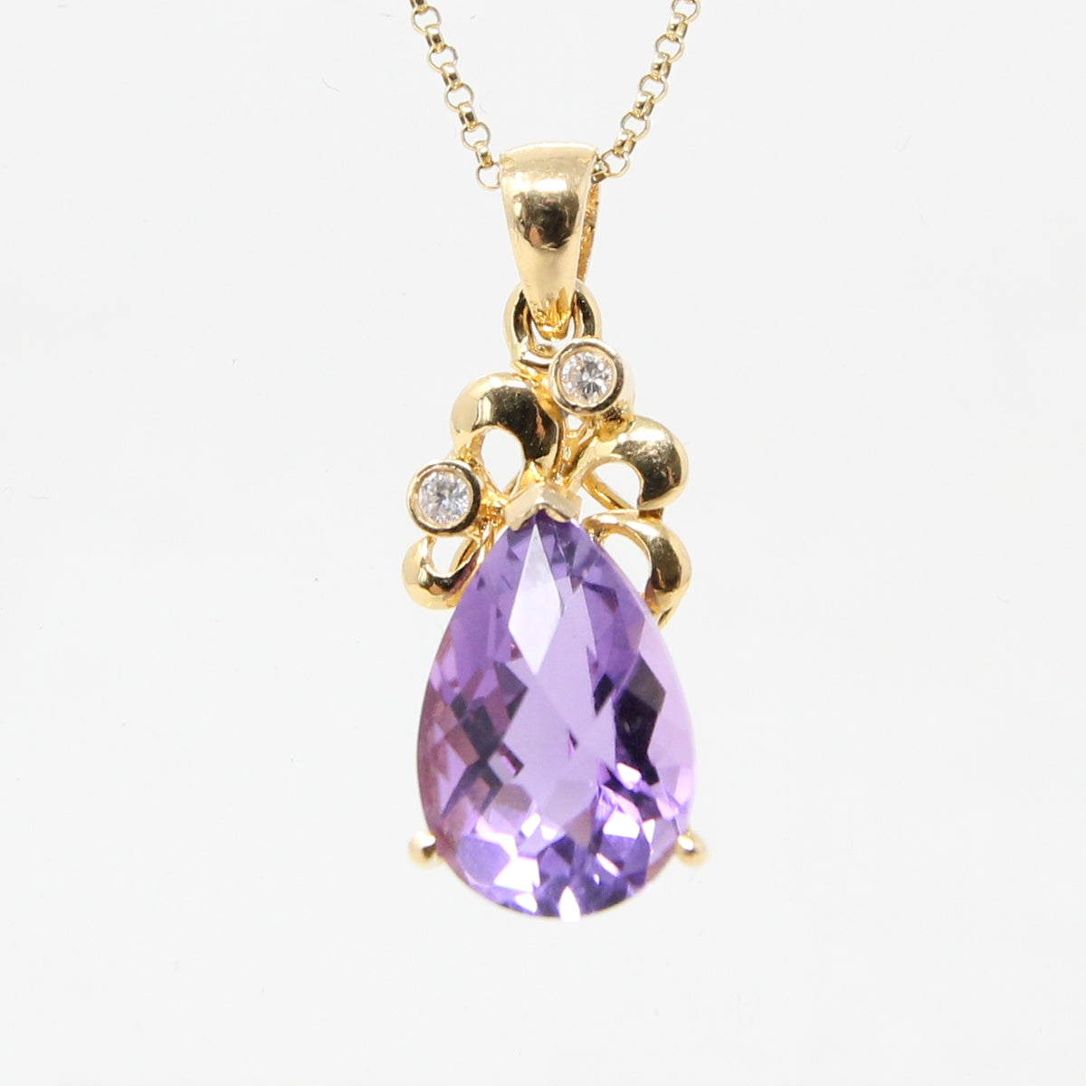 Vintage Hallmarked Solid 18ct 18k Gold 2.5Ct Amethyst & Diamond Tear Drop Pendant