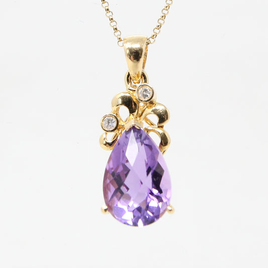 Vintage Hallmarked Solid 18ct 18k Gold 2.5Ct Amethyst & Diamond Tear Drop Pendant