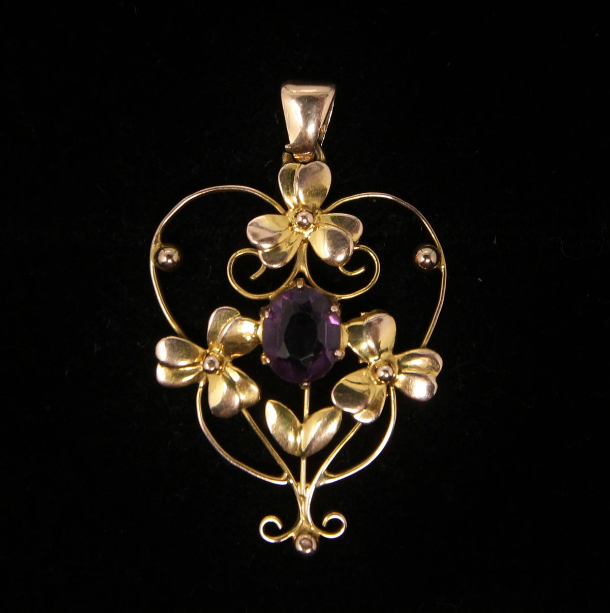 Antique Edwardian English Hallmarked Solid 9ct Gold Amethyst Clover Heart Pendant