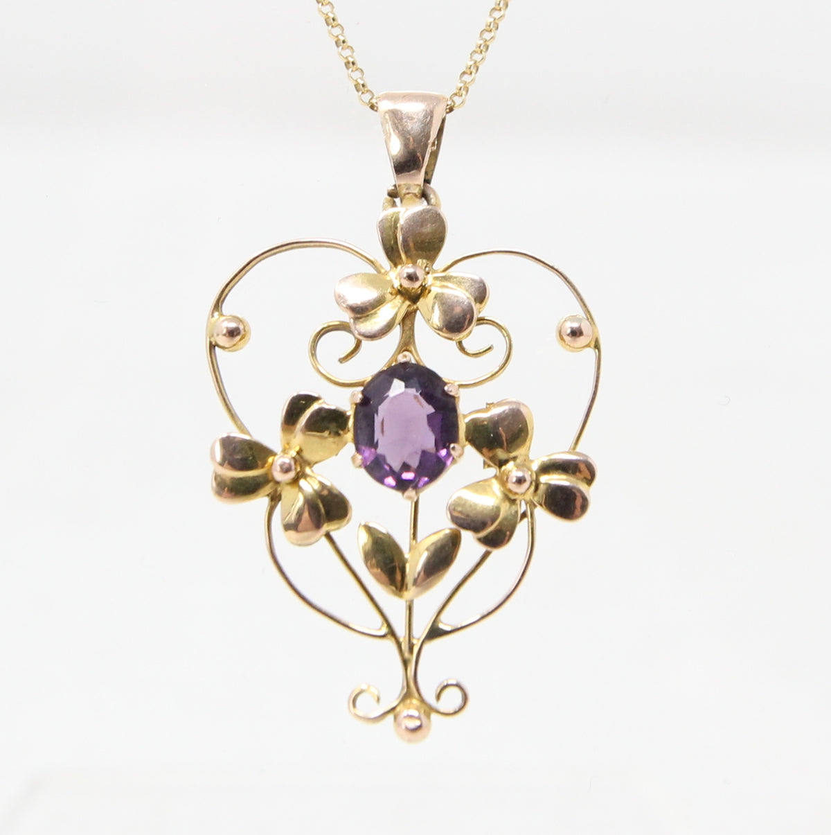 Antique Edwardian English Hallmarked Solid 9ct Gold Amethyst Clover Heart Pendant