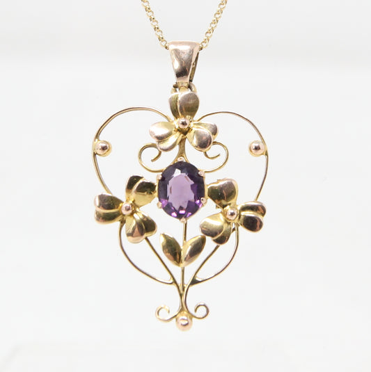 Antique Edwardian English Hallmarked Solid 9ct Gold Amethyst Clover Heart Pendant