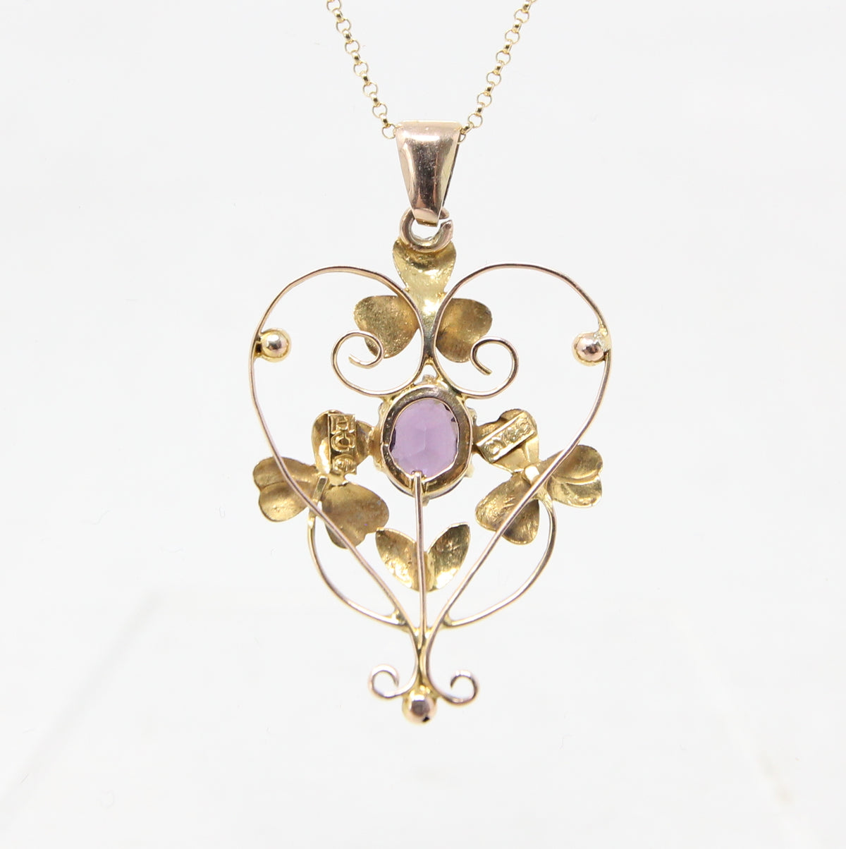 Antique Edwardian English Hallmarked Solid 9ct Gold Amethyst Clover Heart Pendant