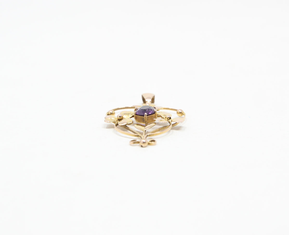 Antique Edwardian English Hallmarked Solid 9ct Gold Amethyst Clover Heart Pendant