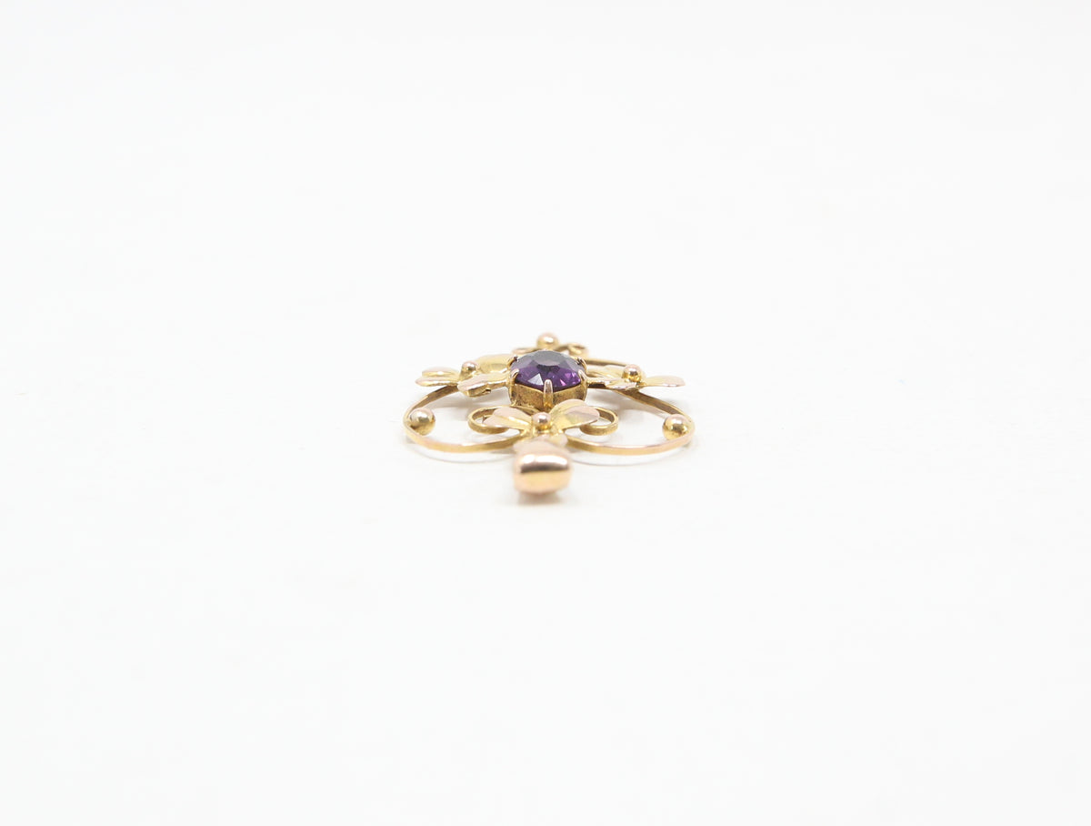 Antique Edwardian English Hallmarked Solid 9ct Gold Amethyst Clover Heart Pendant