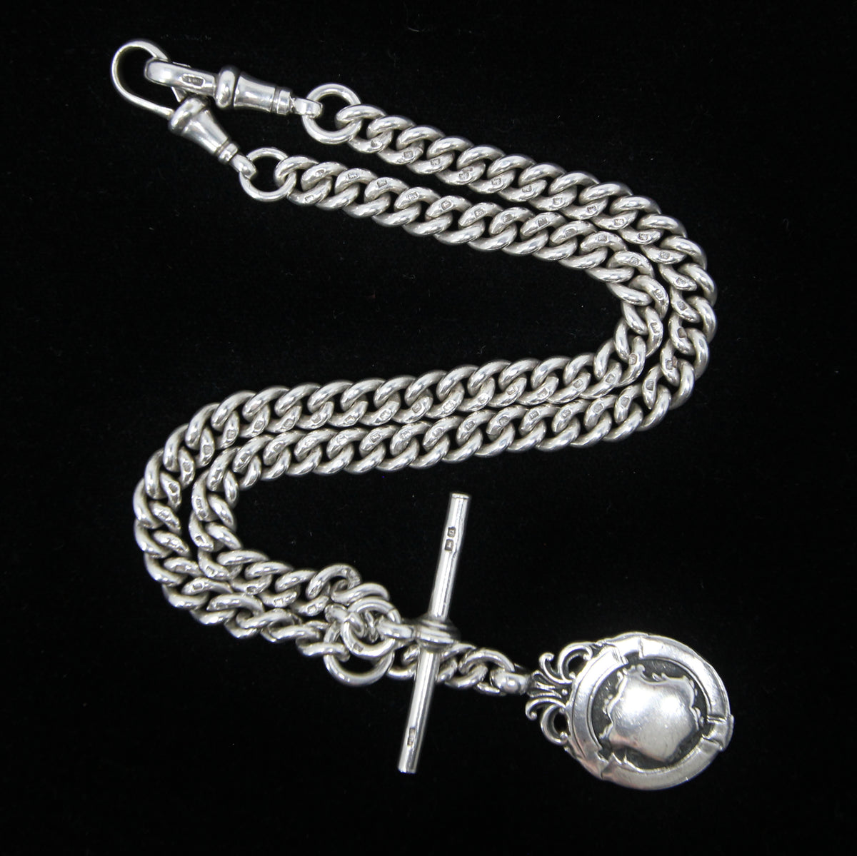 Antique 1919 HM Solid Sterling Silver Heavy Double Albert Smooth Curb Chain Necklace Fob Pendant 15.5'' 61g