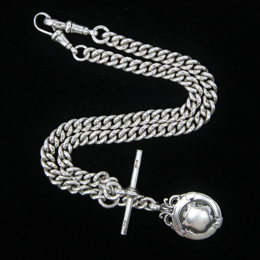 Antique 1919 HM Solid Sterling Silver Heavy Double Albert Smooth Curb Chain Necklace Fob Pendant 15.5'' 61g