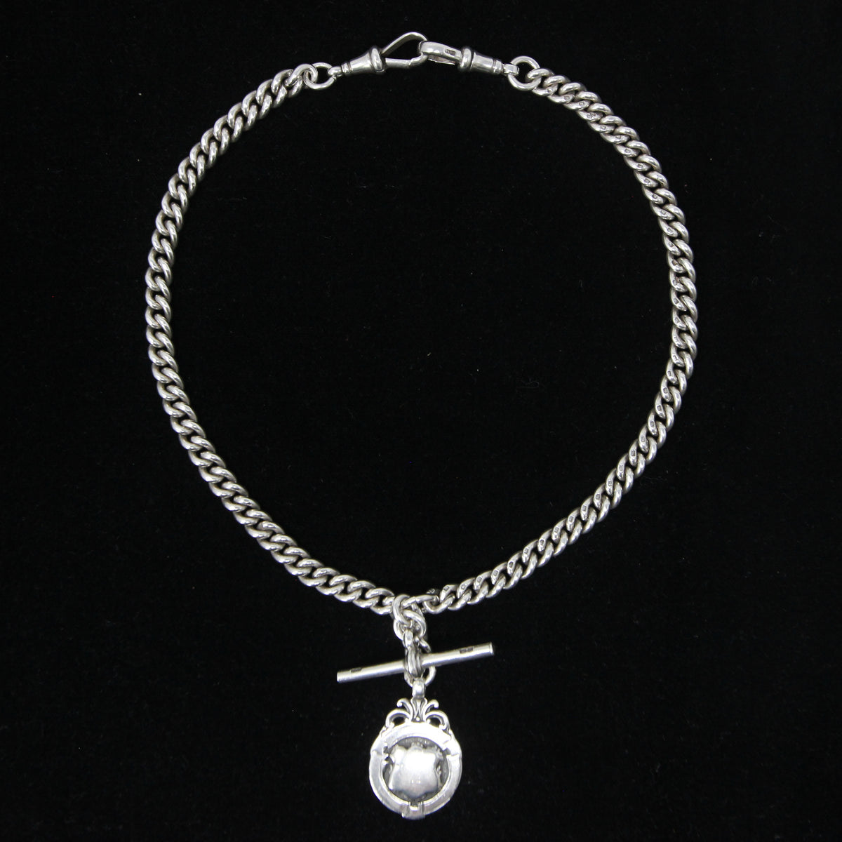 Antique 1919 HM Solid Sterling Silver Heavy Double Albert Smooth Curb Chain Necklace Fob Pendant 15.5'' 61g