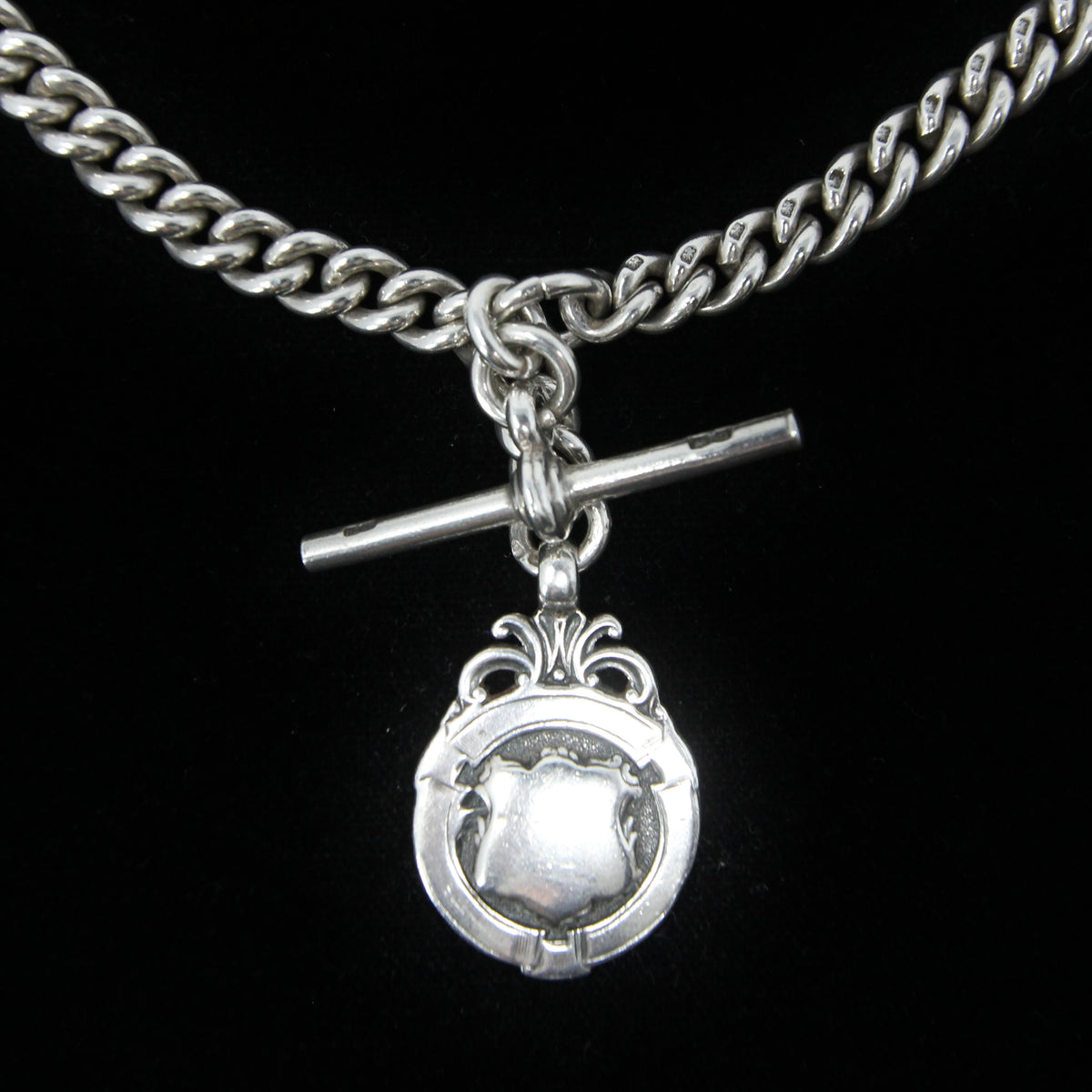 Antique 1919 HM Solid Sterling Silver Heavy Double Albert Smooth Curb Chain Necklace Fob Pendant 15.5'' 61g