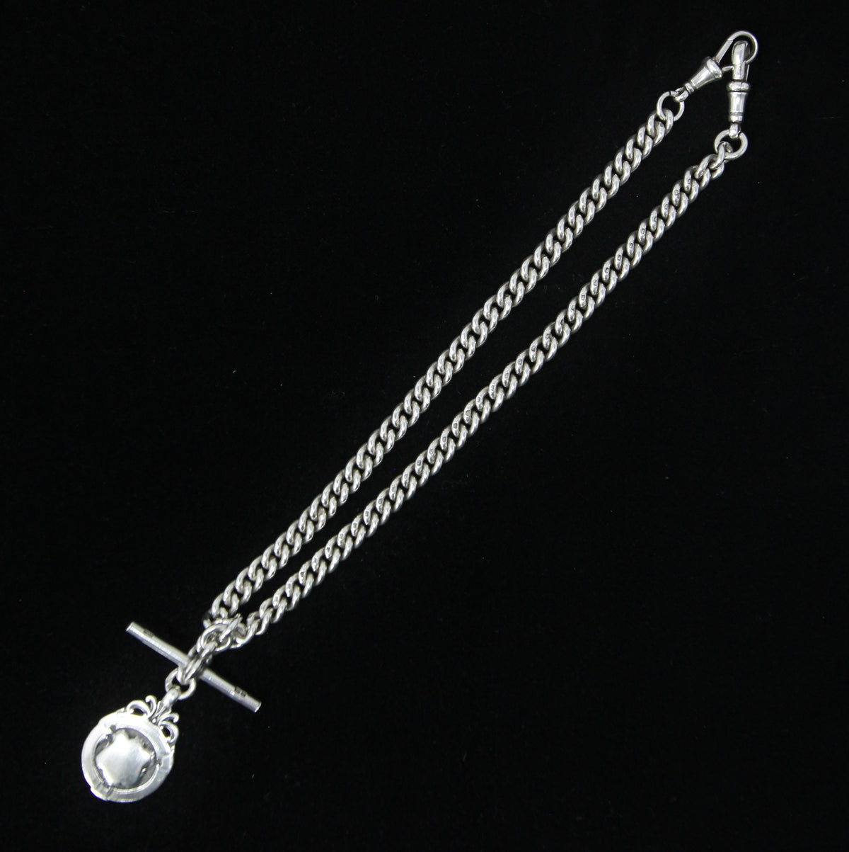 Antique 1919 HM Solid Sterling Silver Heavy Double Albert Smooth Curb Chain Necklace Fob Pendant 15.5'' 61g