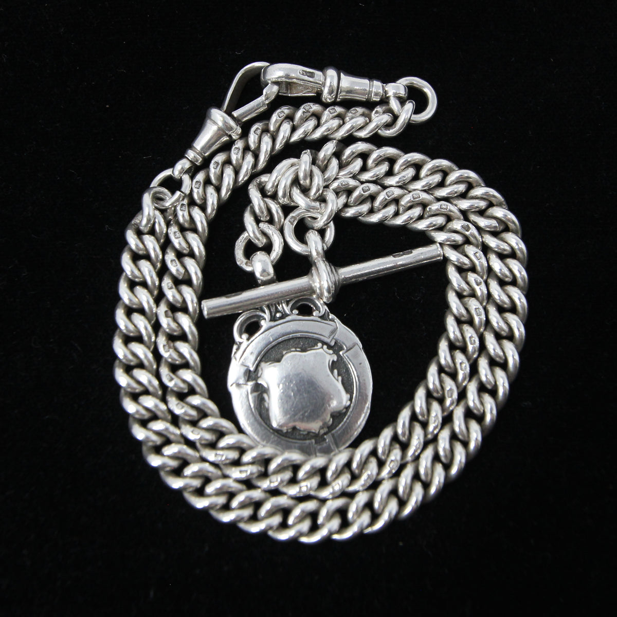 Antique 1919 HM Solid Sterling Silver Heavy Double Albert Smooth Curb Chain Necklace Fob Pendant 15.5'' 61g