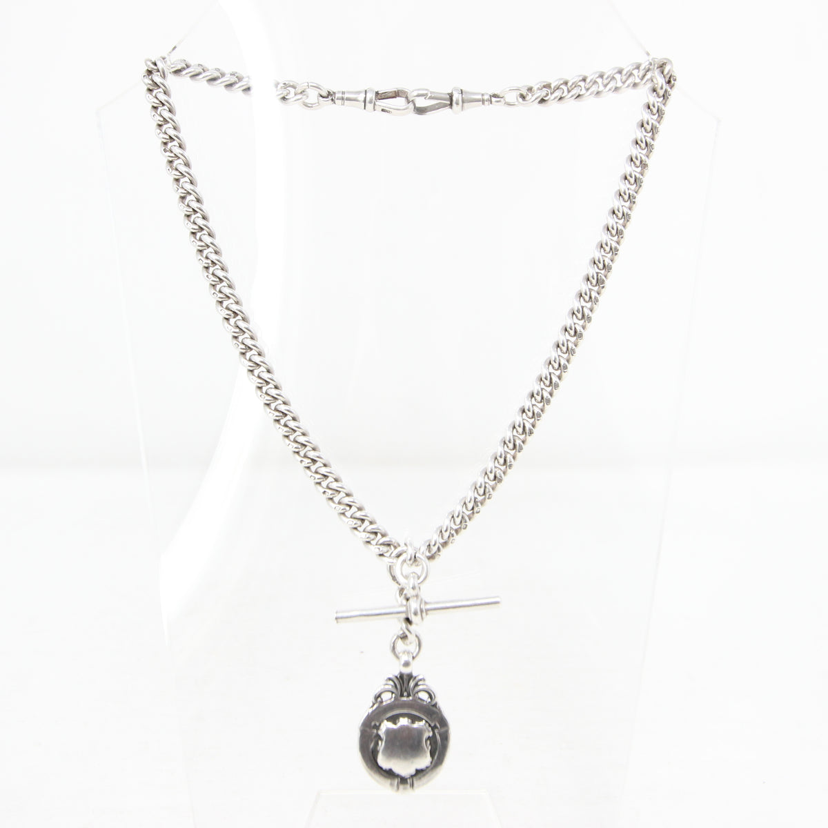 Antique 1919 HM Solid Sterling Silver Heavy Double Albert Smooth Curb Chain Necklace Fob Pendant 15.5'' 61g